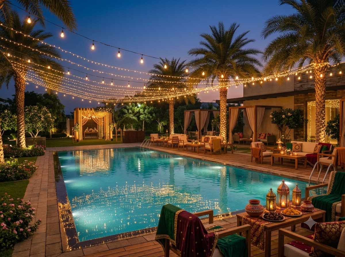 Poolside party with string lights