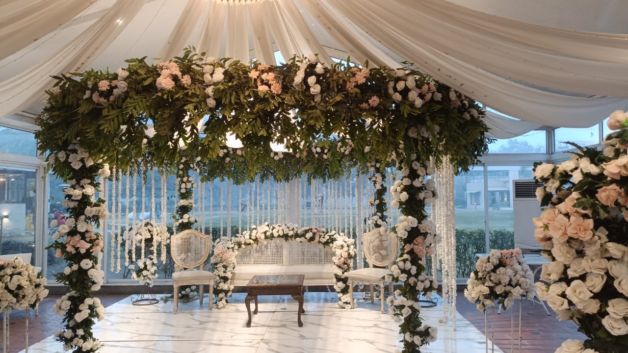 Rooftop terrace event setting at dusk